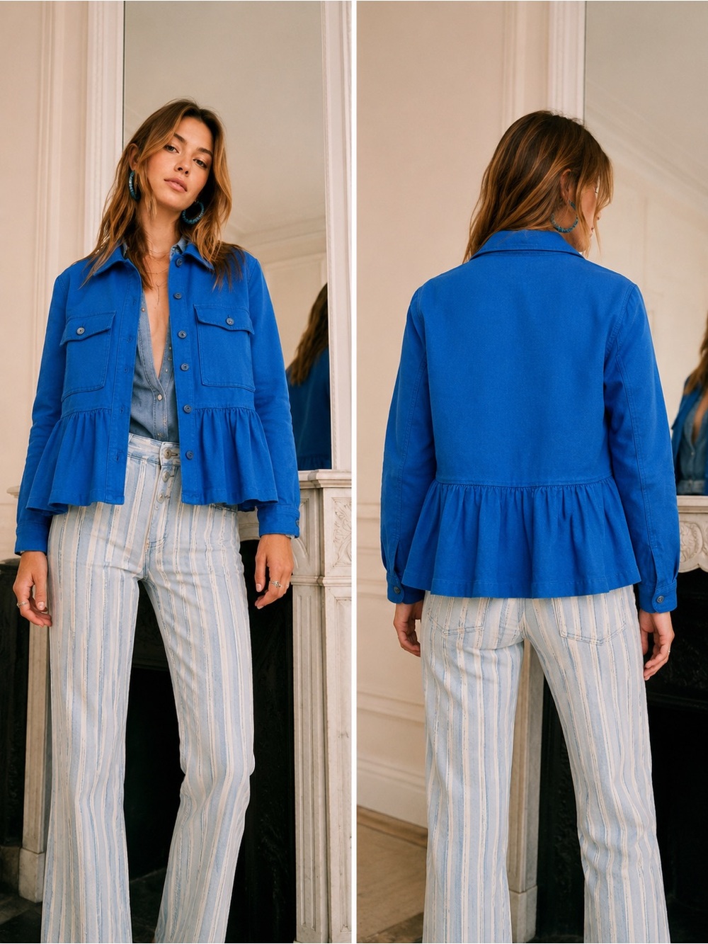 New! THE GREAT. Flutter Army Jacket Utility Ruffle Hem Blue 💙 XS - Picture 3 of 11